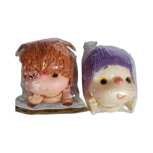 Fibre-Craft Vintage Doll Head and Hands Set 7572 Brown Purple Yarn Hair 4.5" 2pk